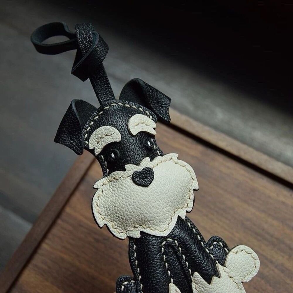 Schnauzer Dog Leather Bag Charm Keychain  Black & White Puppy Purse Accessory